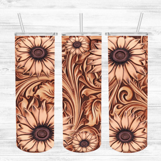 Tooled Leather Flowers Insulated Tumbler