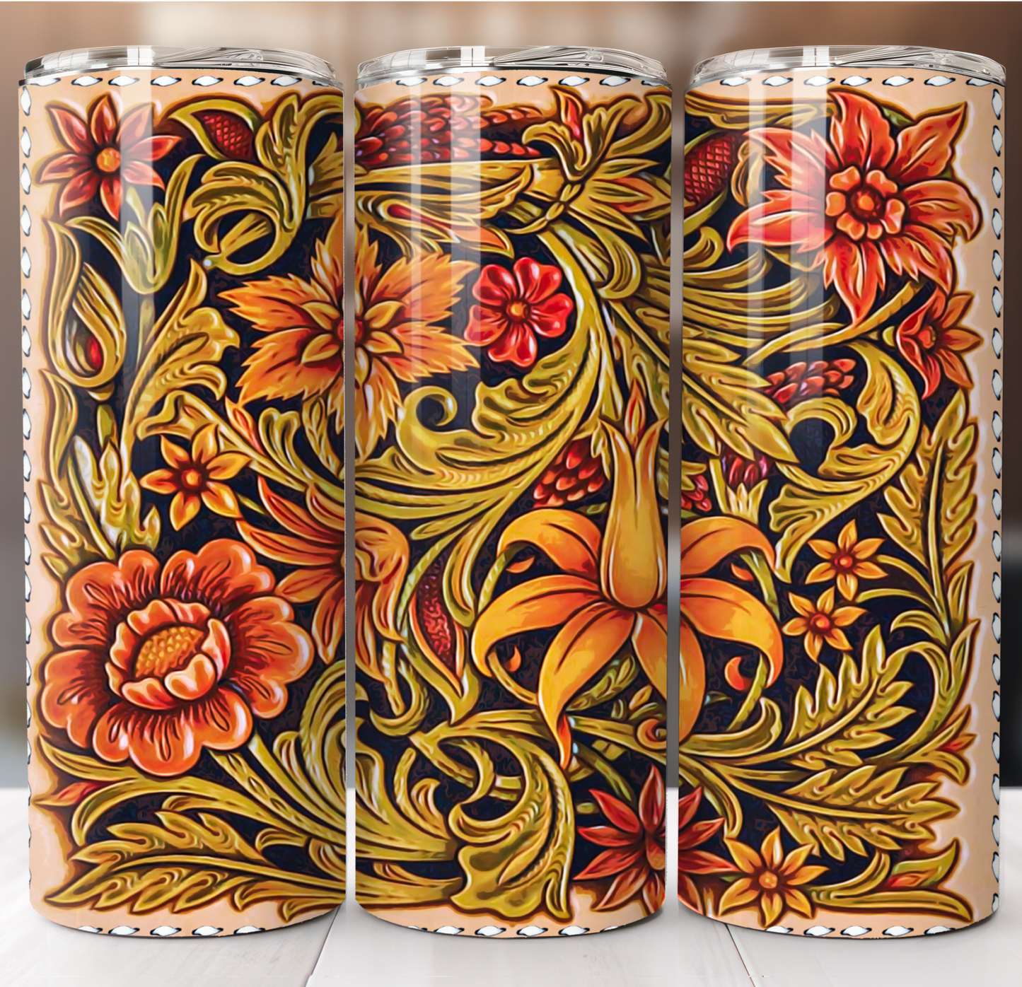 Tooled Leather Flowers Insulated Tumbler