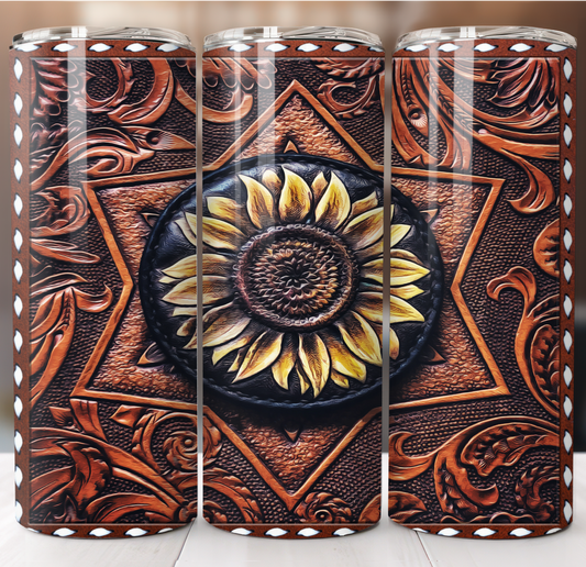 Tooled Dark Leather Sunflower Insulated Tumbler