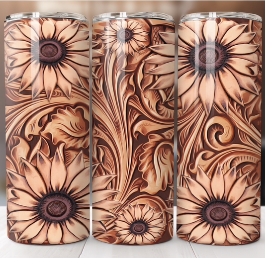 Sunflower Tooled Leather Insulated Tumbler