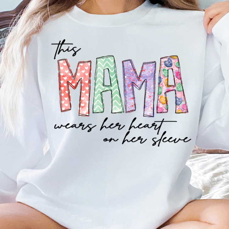 This Mama Wears Her Heart On Her Sleeve Graphic Crew